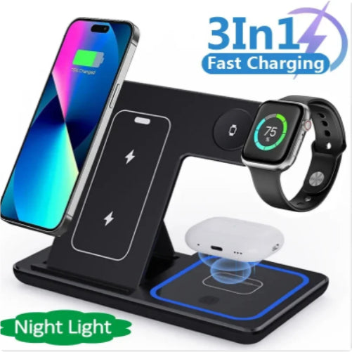15W 3 In 1 LED Fast Wireless Charger Stand Foldable Charging Station For Smart Phone